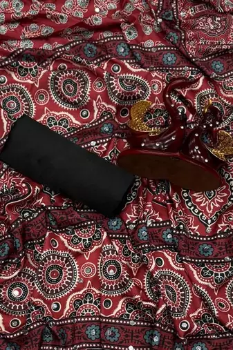 Maroon Color Ajarakh Print Real Mirror Work Crepe Silk Saree