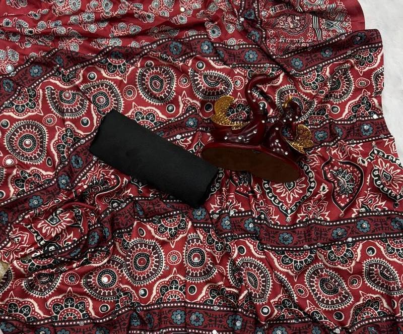 Maroon Color Ajarakh Print Real Mirror Work Crepe Silk Saree