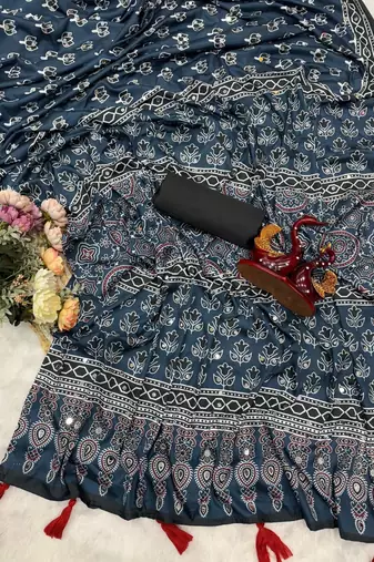 Teal Color Ajarakh Print Real Mirror Work Crepe Silk Saree