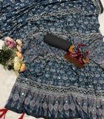 Teal Color Ajarakh Print Real Mirror Work Crepe Silk Saree