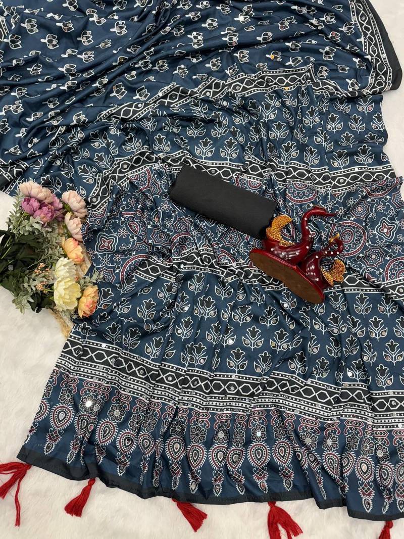 Teal Color Ajarakh Print Real Mirror Work Crepe Silk Saree