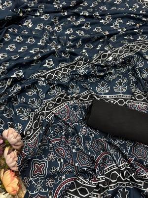Teal Color Ajarakh Print Real Mirror Work Crepe Silk Saree 2