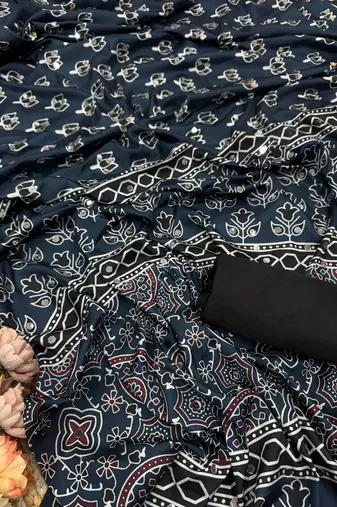 Teal Color Ajarakh Print Real Mirror Work Crepe Silk Saree