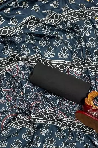 Teal Color Ajarakh Print Real Mirror Work Crepe Silk Saree