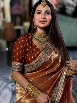 Orange Color Sequance and Dori Embroidery work NC Twill Saree 2