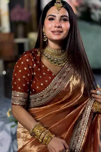 Orange Color Sequance and Dori Embroidery work NC Twill Saree