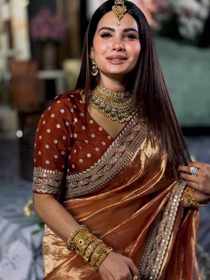 Orange Color Sequance and Dori Embroidery work NC Twill Saree