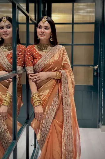 Orange Color Sequance and Dori Embroidery work NC Twill Saree