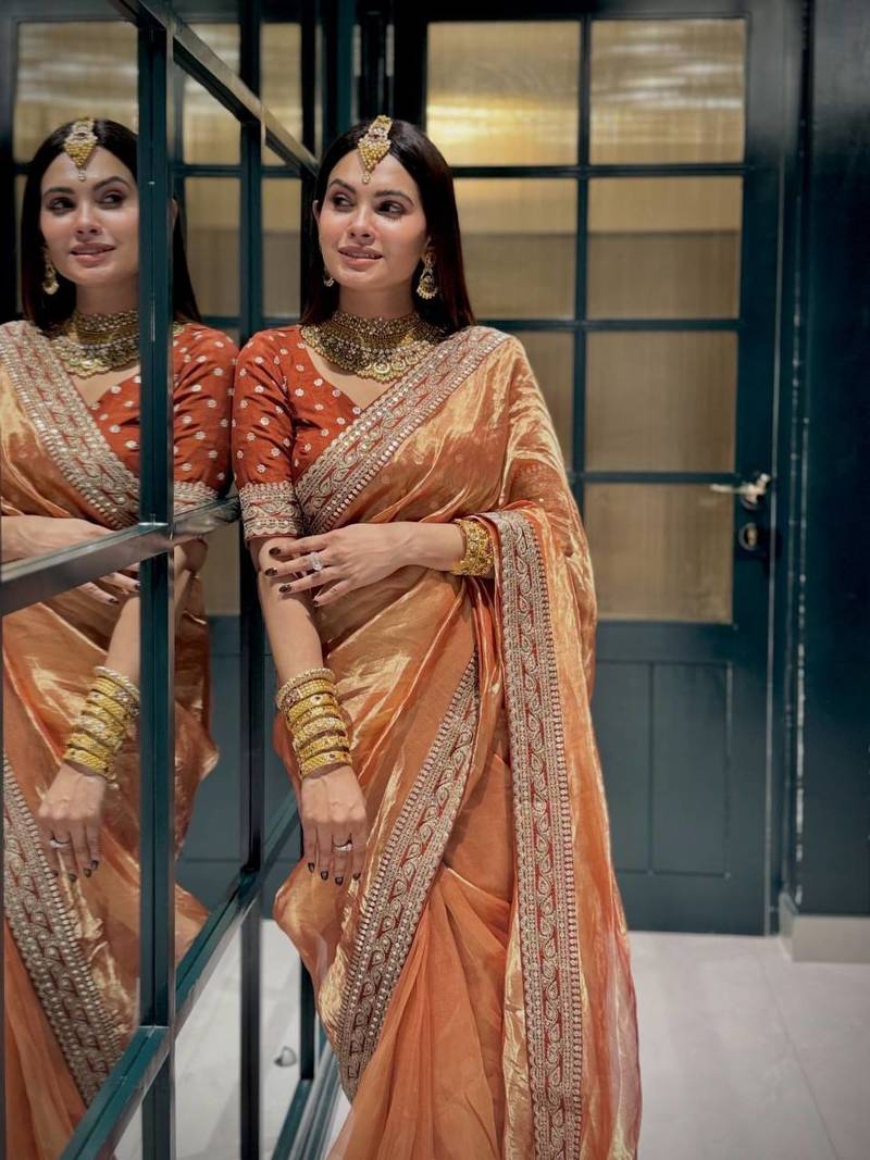 Orange Color Sequance and Dori Embroidery work NC Twill Saree