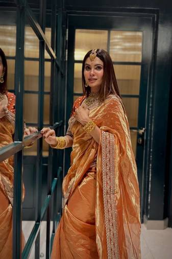 Orange Color Sequance and Dori Embroidery work NC Twill Saree