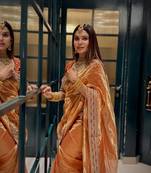 Orange Color Sequance and Dori Embroidery work NC Twill Saree