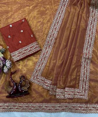 Orange Color Sequance and Dori Embroidery work NC Twill Saree 4
