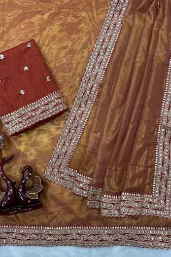 Orange Color Sequance and Dori Embroidery work NC Twill Saree