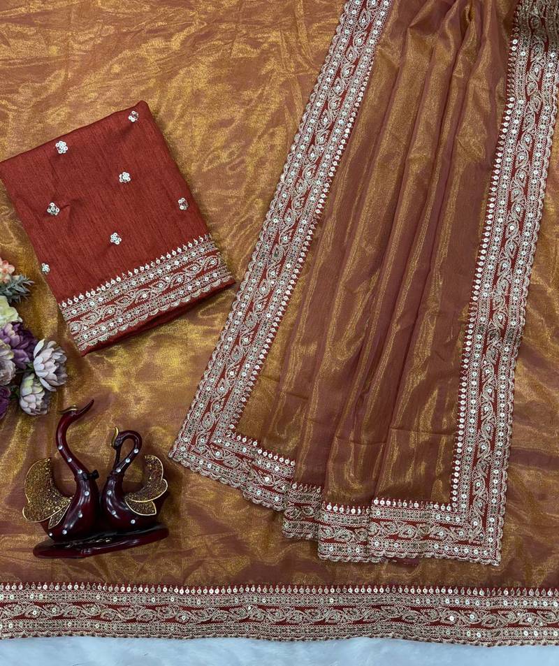 Orange Color Sequance and Dori Embroidery work NC Twill Saree