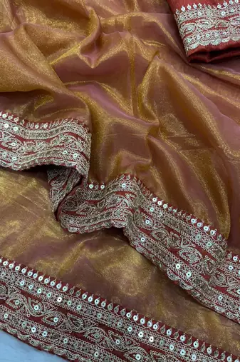 Orange Color Sequance and Dori Embroidery work NC Twill Saree