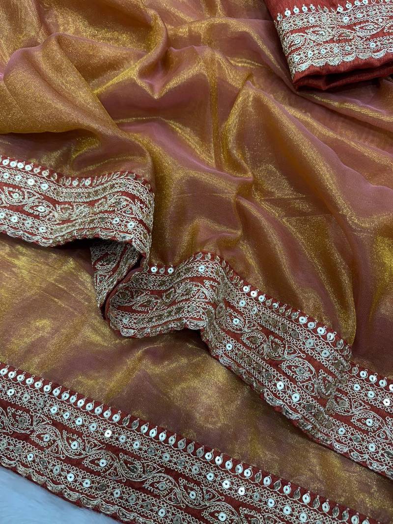 Orange Color Sequance and Dori Embroidery work NC Twill Saree