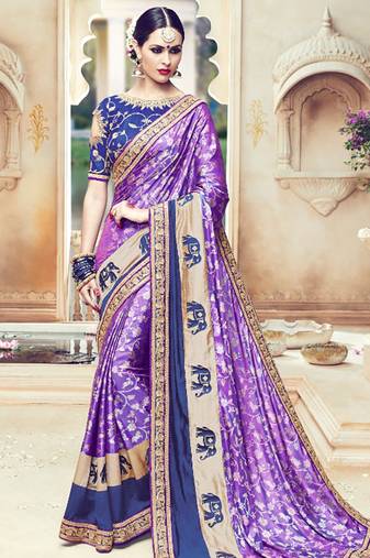 Pure shadow silk party wear saree in purple color with embroidery work