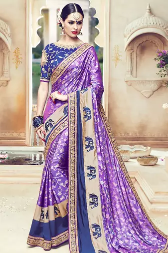 Pure shadow silk party wear saree in purple color with embroidery work