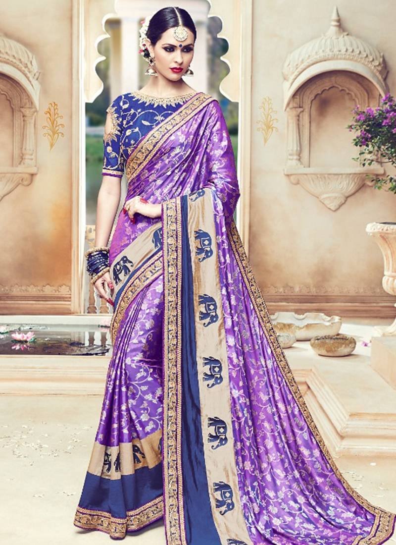 Pure shadow silk party wear saree in purple color with embroidery work