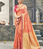 Pure silk party wear saree in peach color with embroidery work