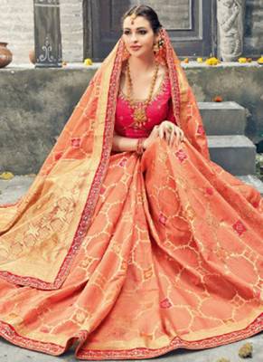Pure silk party wear saree in peach color with embroidery work 2