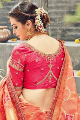 Pure silk party wear saree in peach color with embroidery work 3