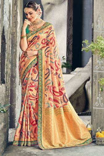 Pure silk party wear saree in peach color with embroidery work
