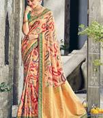 Pure silk party wear saree in peach color with embroidery work