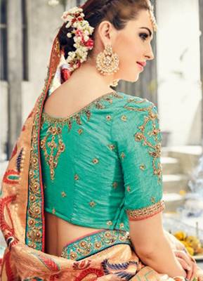 Pure silk party wear saree in peach color with embroidery work 3