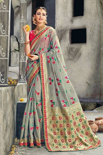 Pure silk party wear saree in grey color with embroidery work
