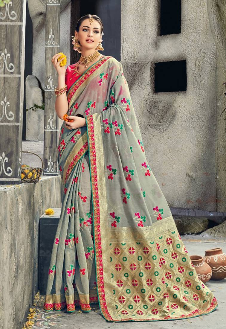 Pure silk party wear saree in grey color with embroidery work