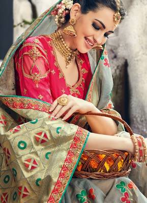 Pure silk party wear saree in grey color with embroidery work 2