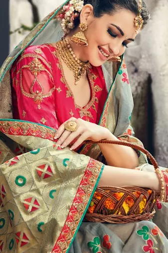Pure silk party wear saree in grey color with embroidery work