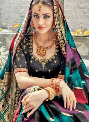Pure silk party wear saree in black color with embroidery work 2