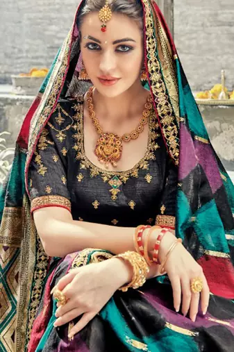 Pure silk party wear saree in black color with embroidery work