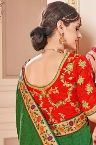 Pure silk party wear saree in green color with embroidery work