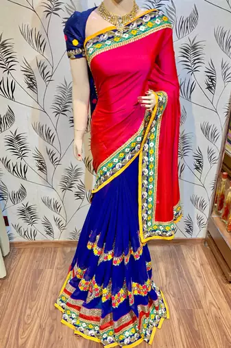 Georgette party wear saree in red & blue with embroidery work & crystal stone work