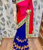 Georgette party wear saree in red & blue with embroidery work & crystal stone work