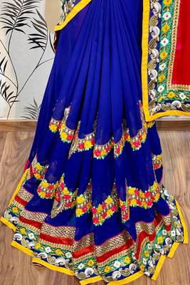 Georgette party wear saree in red & blue with embroidery work & crystal stone work 3