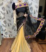 Fancy fabric party wear saree in black with embroidery work & crystal stone work