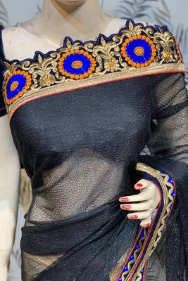 Fancy fabric party wear saree in black with embroidery work & crystal stone work 2