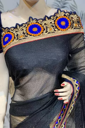 Fancy fabric party wear saree in black with embroidery work & crystal stone work
