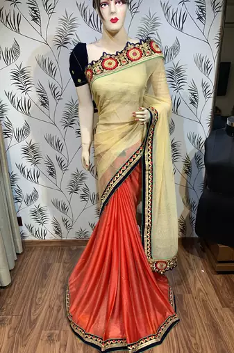 Fancy fabric party wear saree in cream with embroidery work & crystal stone work