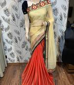 Fancy fabric party wear saree in cream with embroidery work & crystal stone work