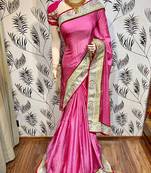 Fancy fabric party wear saree in pink with embroidery work & crystal stone work