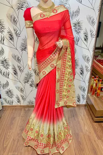 Chinon chiffon wedding wear saree in red with embroidery work & crystal stone work
