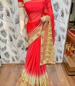 Chinon chiffon wedding wear saree in red with embroidery work & crystal stone work