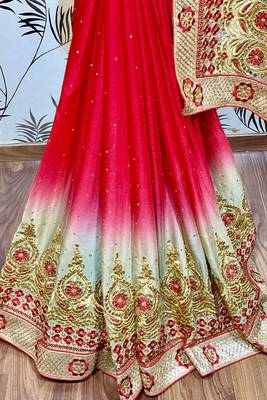 Chinon chiffon wedding wear saree in red with embroidery work & crystal stone work 2