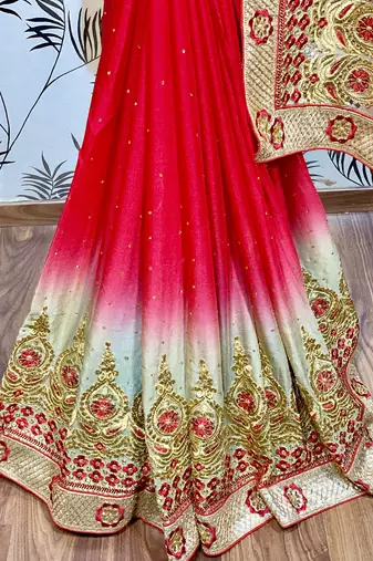 Chinon chiffon wedding wear saree in red with embroidery work & crystal stone work