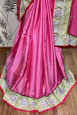 Fancy fabric party wear saree in pink with embroidery work & crystal stone work 3